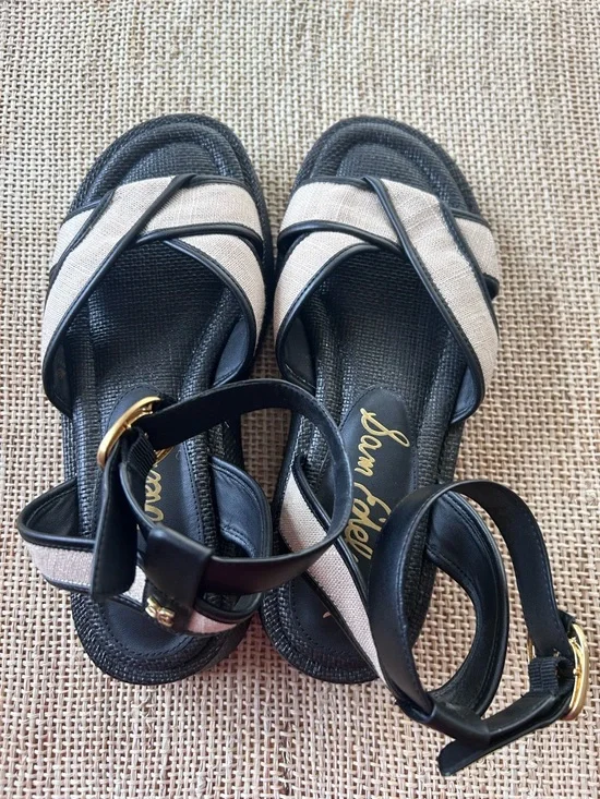 Sam Edelman Nylie Black Leather&Natural Linen Platform Ankle Strap Sandal.Size 8 - Picture 3 of 9